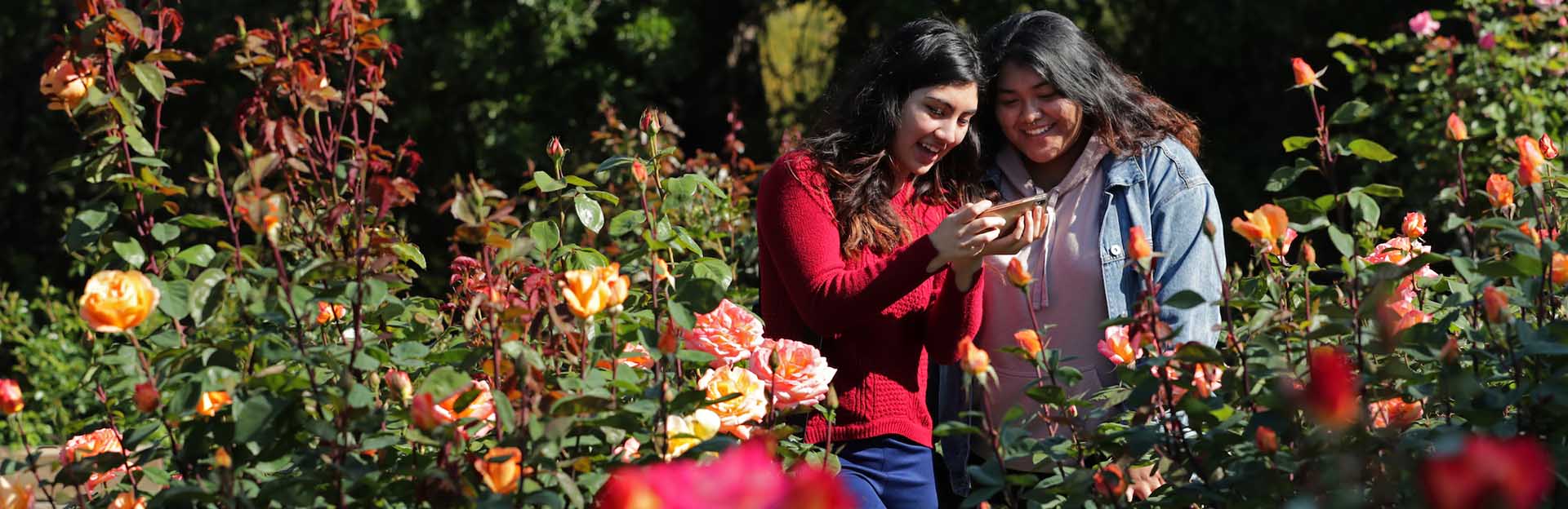 UC Riverside Botanic Gardens -- two female students taking pictures (c) UCR / Stan Lim